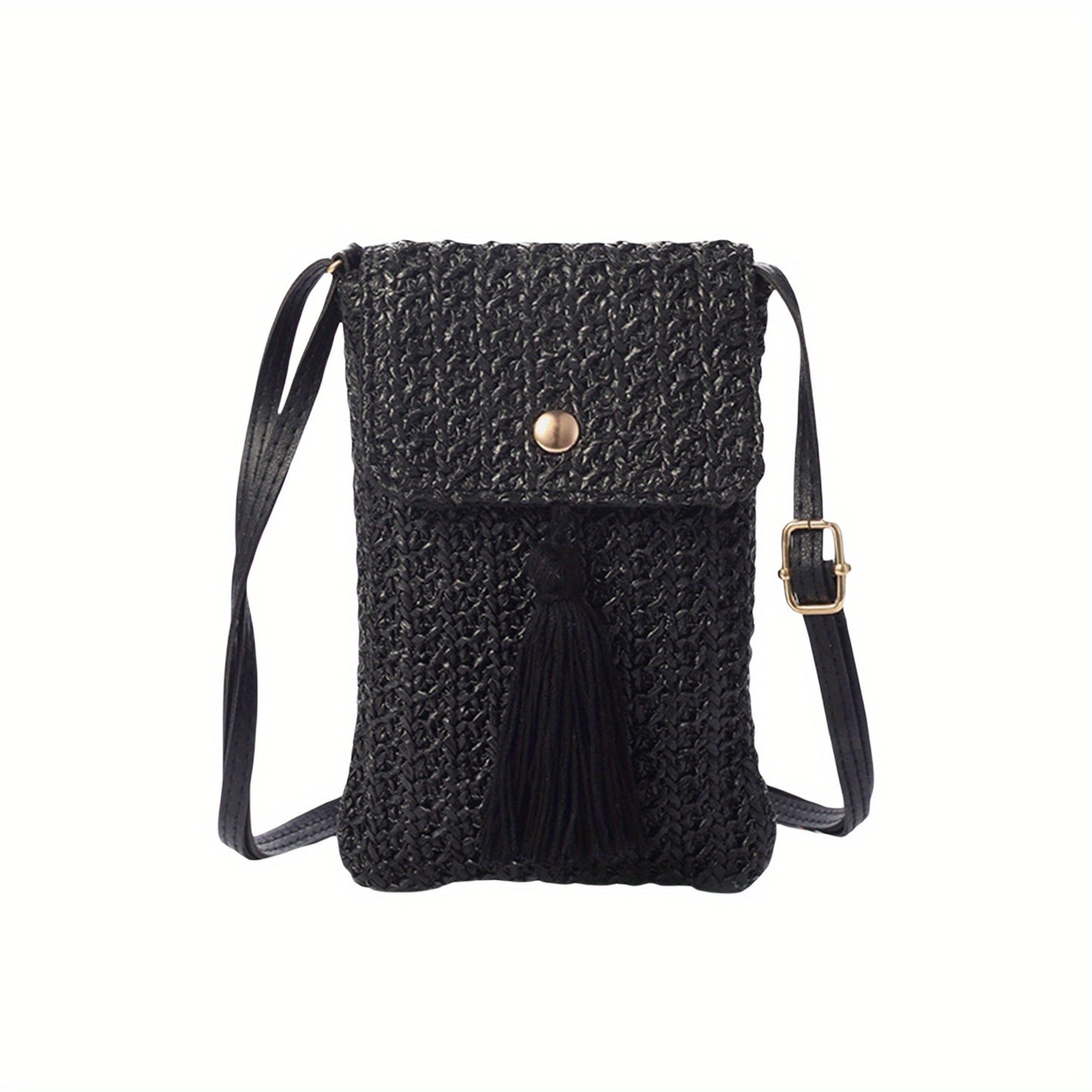 Women's Chic Beige Woven Crochet Crossbody Bag with Adjustable Strap, Tassel Detail & Magnetic Closure - Lightweight Fabric Phone Purse
