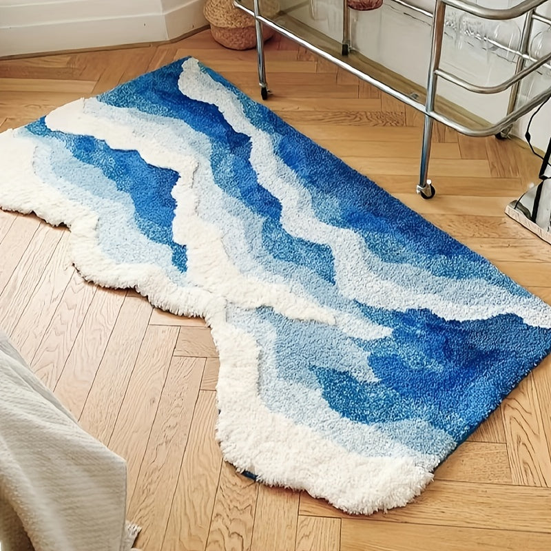 Ultra-Soft Blue Ocean Wave Tufted Rug - Thick, Non-Slip TPR Backing, Absorbent for Bathroom & Living Room Decor