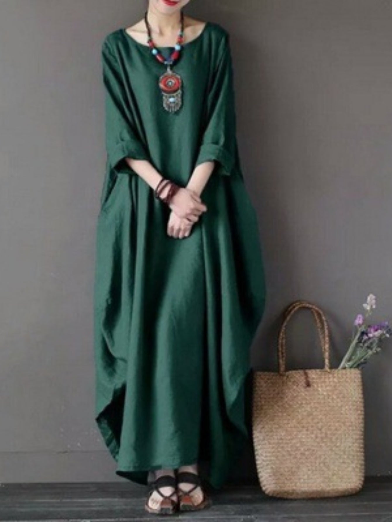 Women'S Elegant Long Dress Caftan Gown - Flowy A-Line Maxi Dress, Soft Everyday & Formal Outfit for Women, All-Season Casual to Formal Events, Versatile Clothing, Round Neckline, Comfortable Wear, Event Attire, Simple Design,