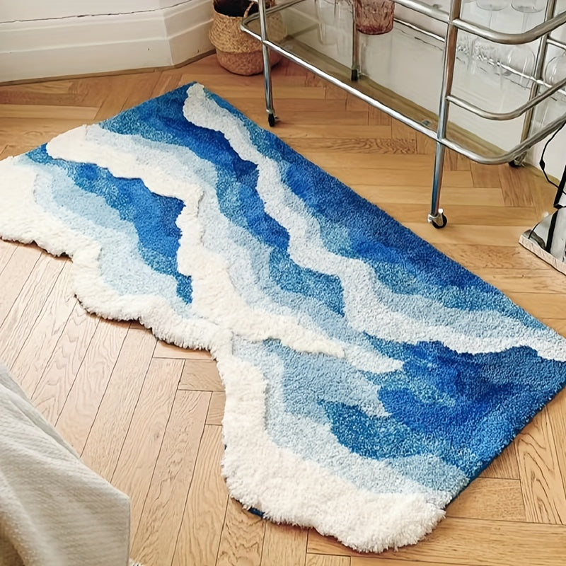 Ultra-Soft Blue Ocean Wave Tufted Rug - Thick, Non-Slip TPR Backing, Absorbent for Bathroom & Living Room Decor