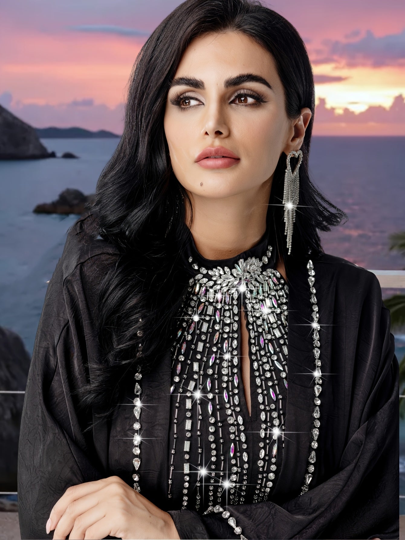 Arabian Style Black Abaya Two-Piece Set! with Rhinestone Embellishments, Luxurious and Elegant
