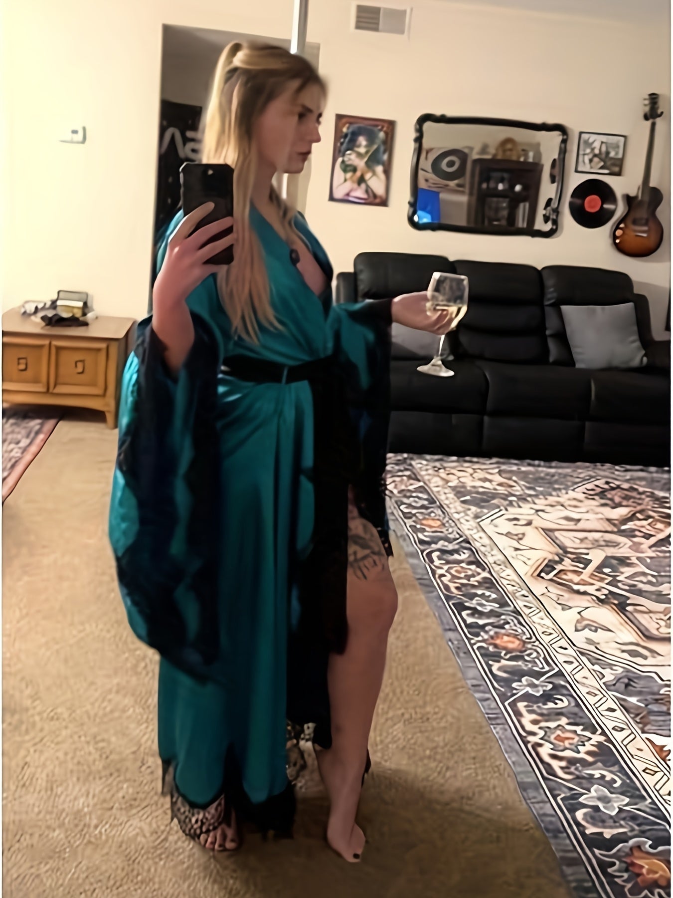 Women's Black Satin Robe - Elegant Long Lace Kimono, Lightweight Bridal Sleepwear for Wedding Day, Polyester, Contrast Lace Detail, Bride Lingerie