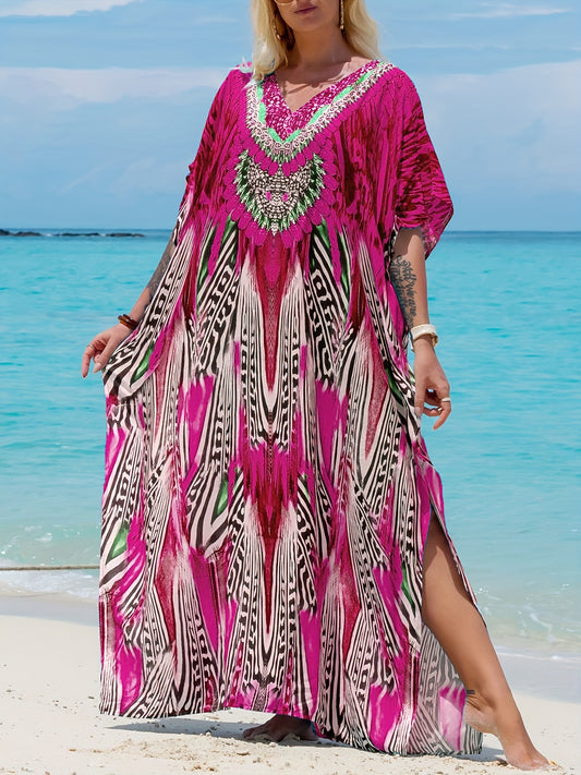 Elegant V-neck Batwing Sleeve Kaftan Abaya - Graphic Print, Maxi Length, Flowy Fit - Perfect for Ramadan and Special Occasions