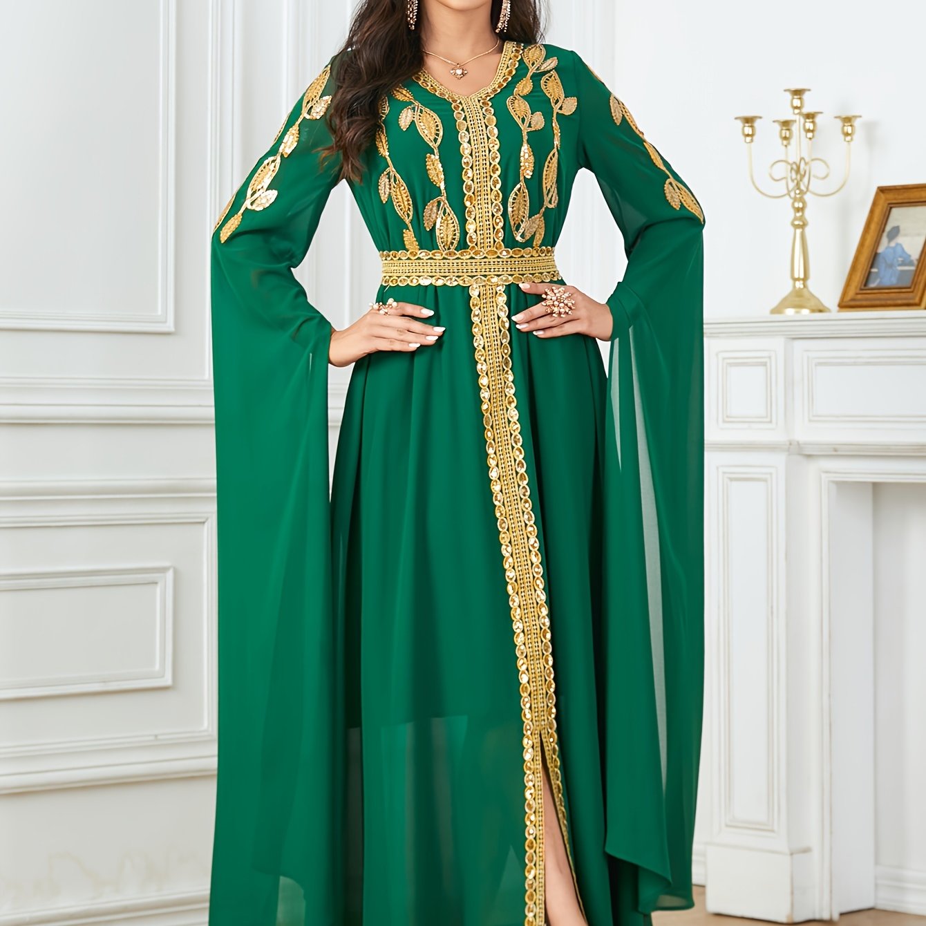 Embroidered V-Neck Abaya Dress, Elegant Cape Sleeve Maxi Dress, Women's Clothing