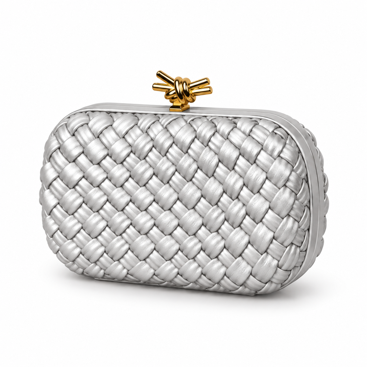 Silver Woven Clutch With Golden Knot