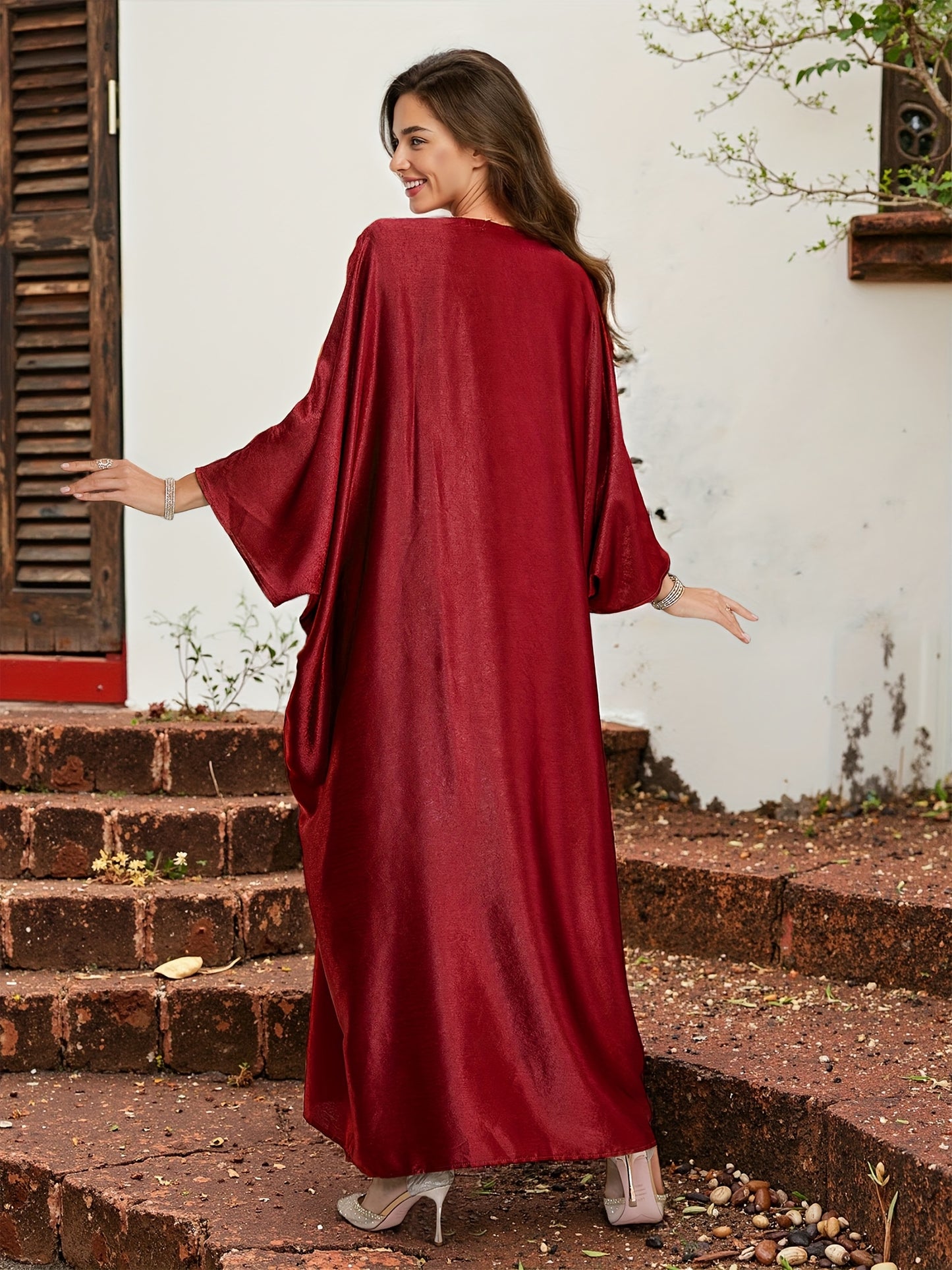 Elegant Red V-Neck Turkish Kaftan Dress with Butterfly Sequin Embroidery & Ruched Hem - Long Sleeve Loose Fit Middle Eastern Abaya for Women, Summer Coverup