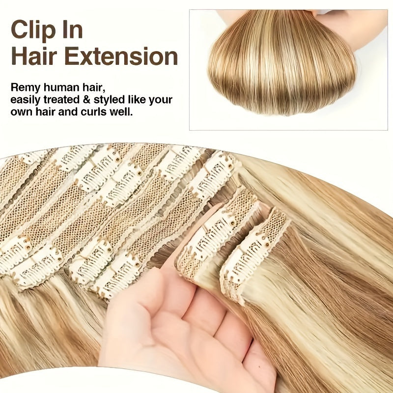 Straight Clip In Hair Extensions 8pcs With 18 Clips Real Human Hair Clip Ins For Women Double Weft Clip In Human Hair Extensions #12/613 Light Brown Mix Bleach Blonde Remy Hair Extension