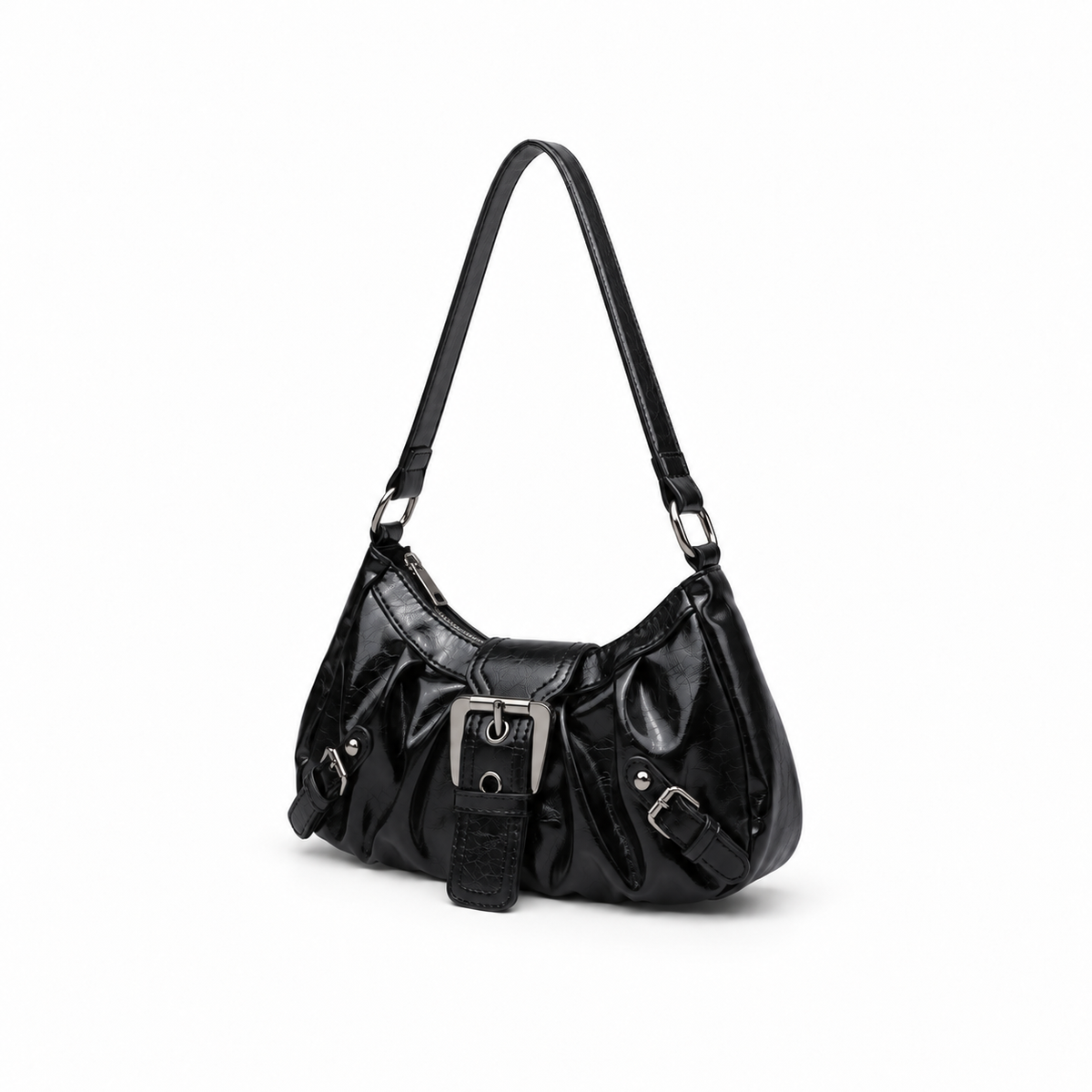 Glossy Black Buckle Shoulder Hobo Bag