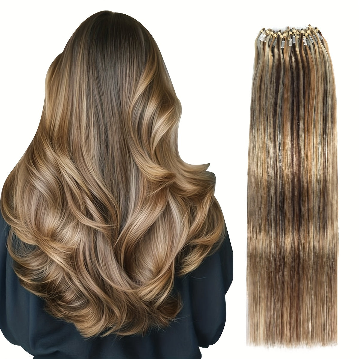 50 Strands of DNE Hair Microlink Human Hair Extensions Ranging from 14 to 24 Inches in Light Brown And Blonde, Featuring Straight Hair with Cold Fusion Micro Loop Invisible Seamless Bead Extensions Designed for Women. Made fr