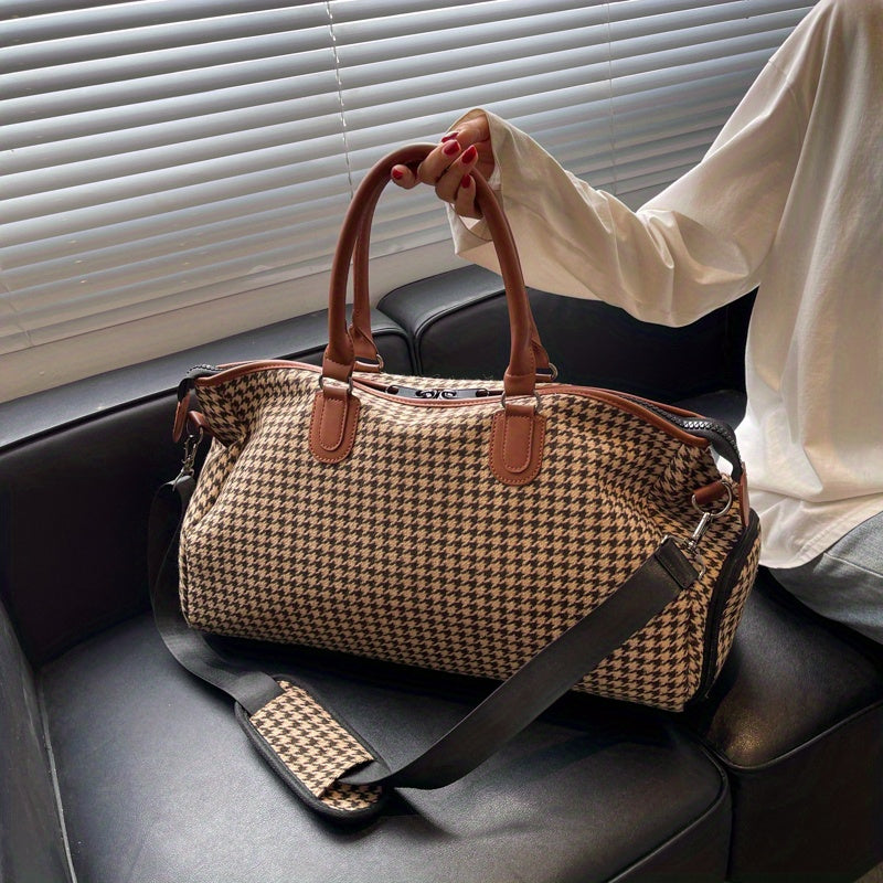 Large Capacity Houndstooth Pattern Sports Bag, Versatile Travel Duffel Luggage Handbag, Trendy Overnight Bag