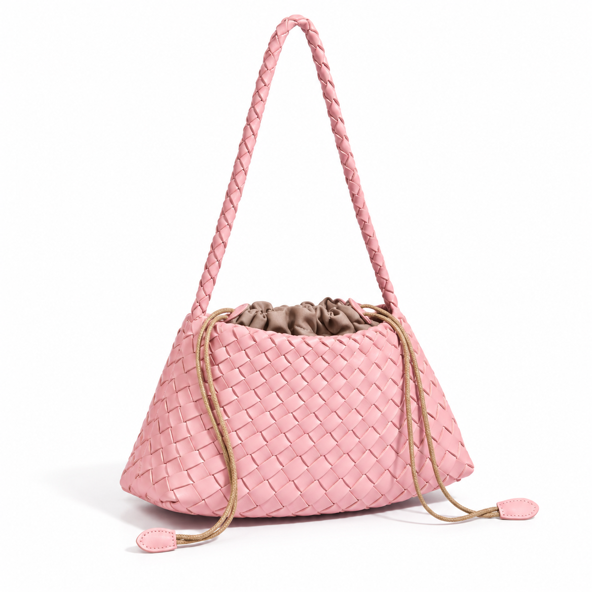 Pink Woven Shoulder Bag With Drawstring