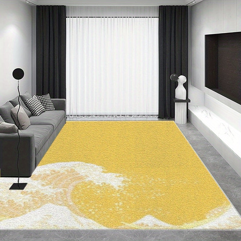 1pc Coastal Area Mat - Lightweight Machine-Washable Mat with Non-Slip Backing, Easy-Clean Floor Mat for Living Room, Bedroom, Bathroom, Kitchen - Modern Coastal Decor in Yellow & White, Durable Indoor/Outdoor Mat for Home, Of