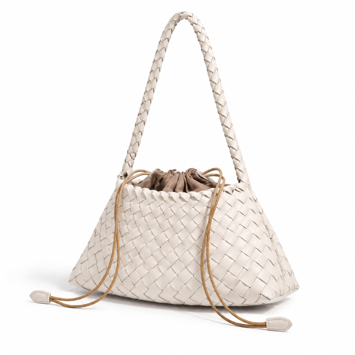 Ivory Woven Shoulder Bag With Drawstring
