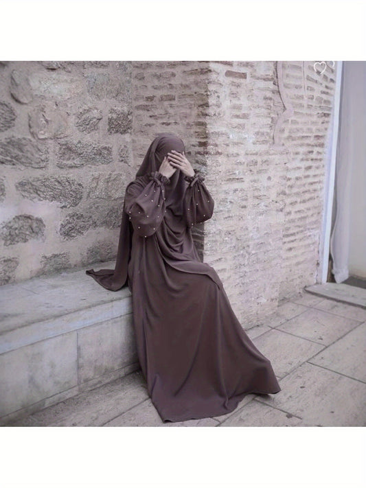 New Cross-Border Middle East Solid Color Women's Robe Pearl Sleeves Jilbaab Dress Abaya Two-Piece Set Long Headscarf P555