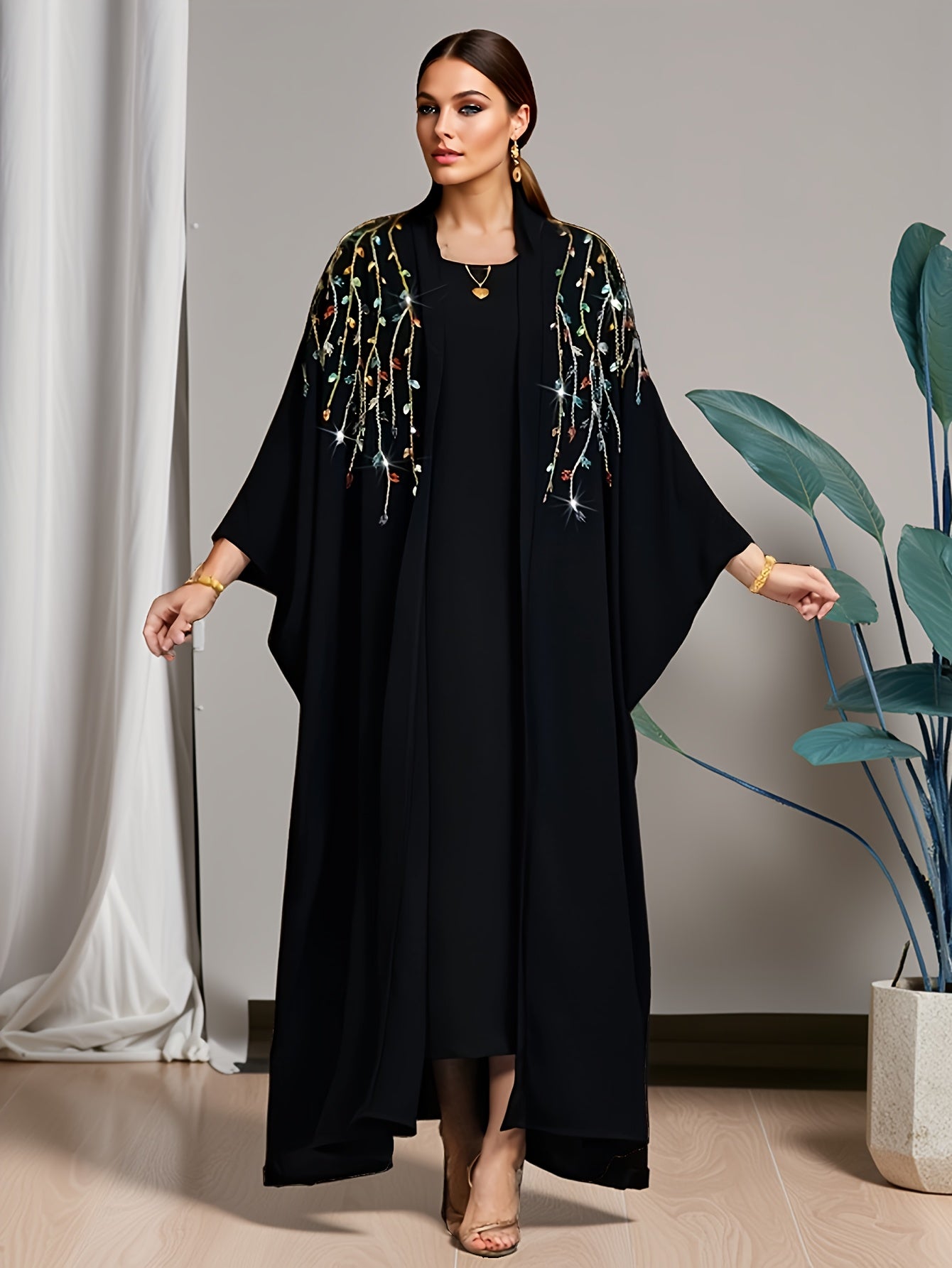 1pc Women's Black A-Line Abaya Dress with Sparkling Rhinestone Embellishments - Loose Fit Long Sleeve Elegant Party & Formal Wear for Birthdays, Weddings, Galas, Dresses for Party, Wedding Guest Attire, Flowy Fabric Gown, Nont