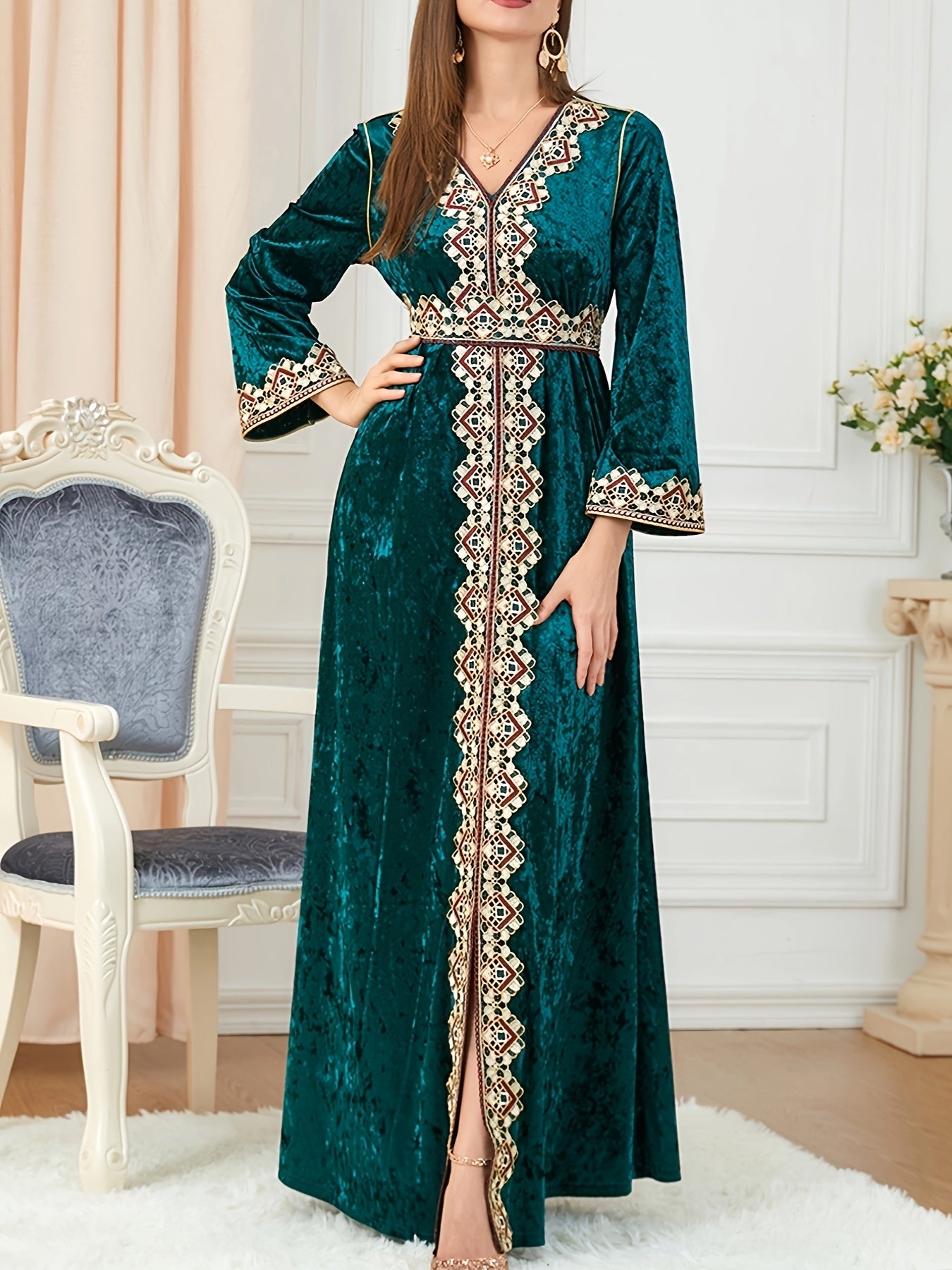 Women's Muslim Velvet Embroidered Abaya with Long Sleeves, V-Neck Moroccan Party Kaftan, Turkish Arabic Maxi Dress.