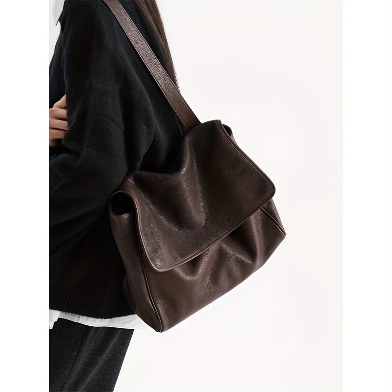 Top-Grain Vintage Genuine Leather Tote Messenger Bag - Flap Closure, Fixed Shoulder Strap, Large Capacity