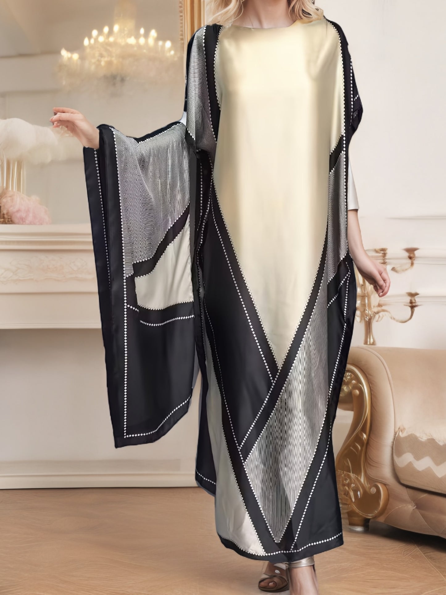 Women's Plus Size Middle Eastern Traditional Dress with Batwing Sleeves - Black & Beige Geometric Pattern, Loose Fit H-Line Silhouette, Machine Washable Long Maxi Abaya for Casual & Formal Occasions