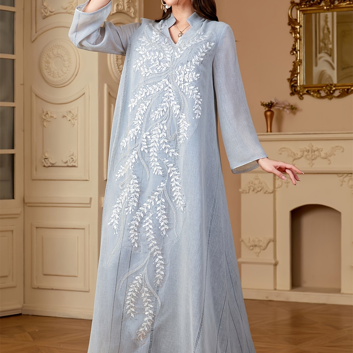 Ramadan Muslim Women's Fashion Beading Emirati Abaya Dubai Notched Stand Collar Dresses Mesh Sleeve Kebaya Casual Loose Clothing