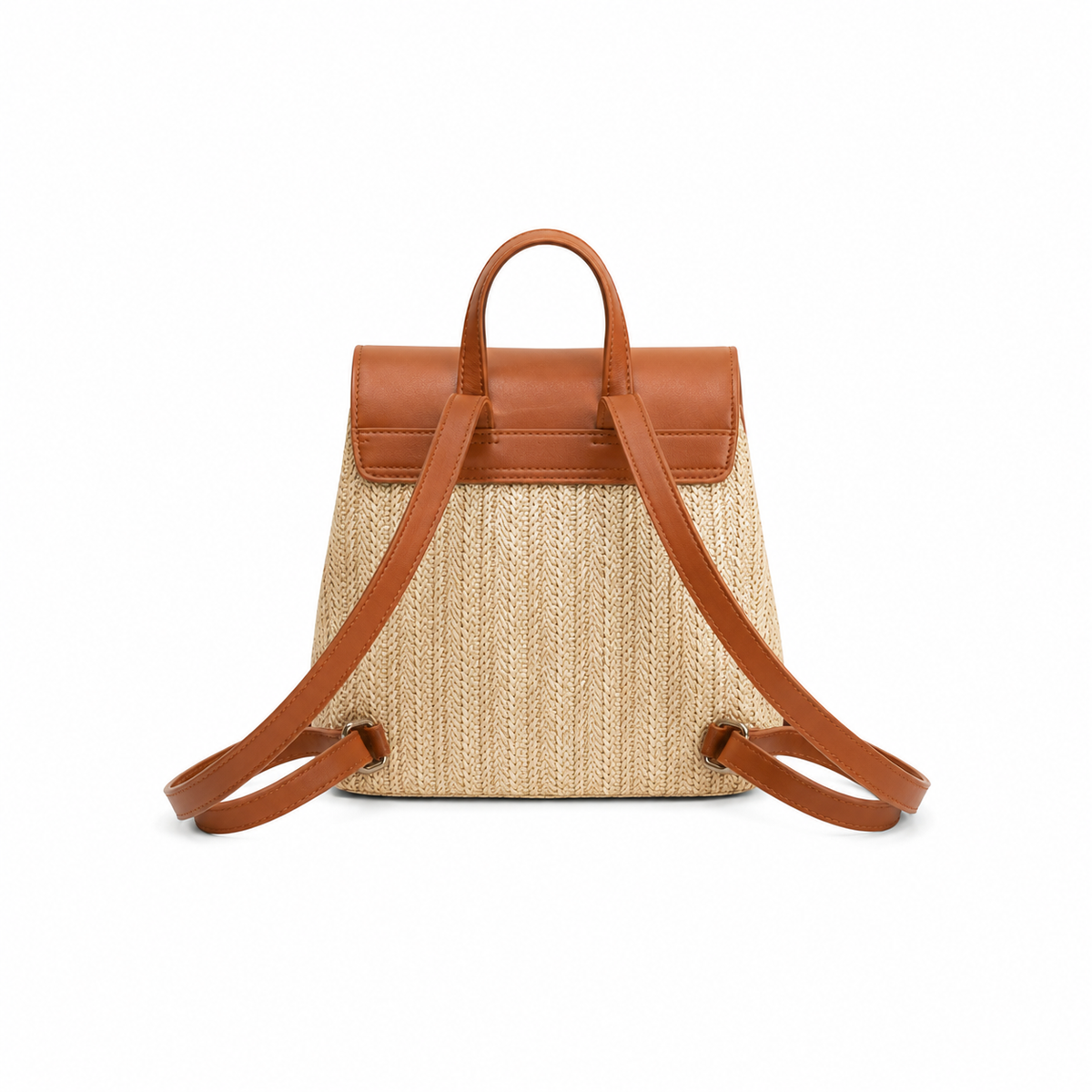 Tan Leather & Woven Straw Mini Backpack Handbag