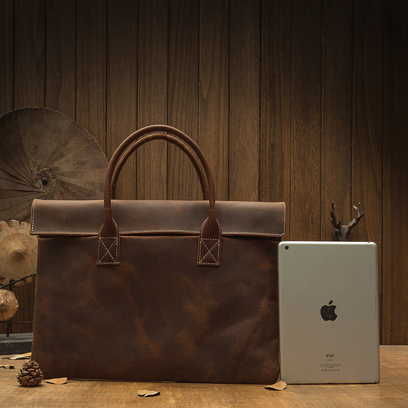 Lightweight Men's Genuine Leather Laptop Bag - Minimalist Business Casual Tote with Brown Accents, Durable Polyester Lining