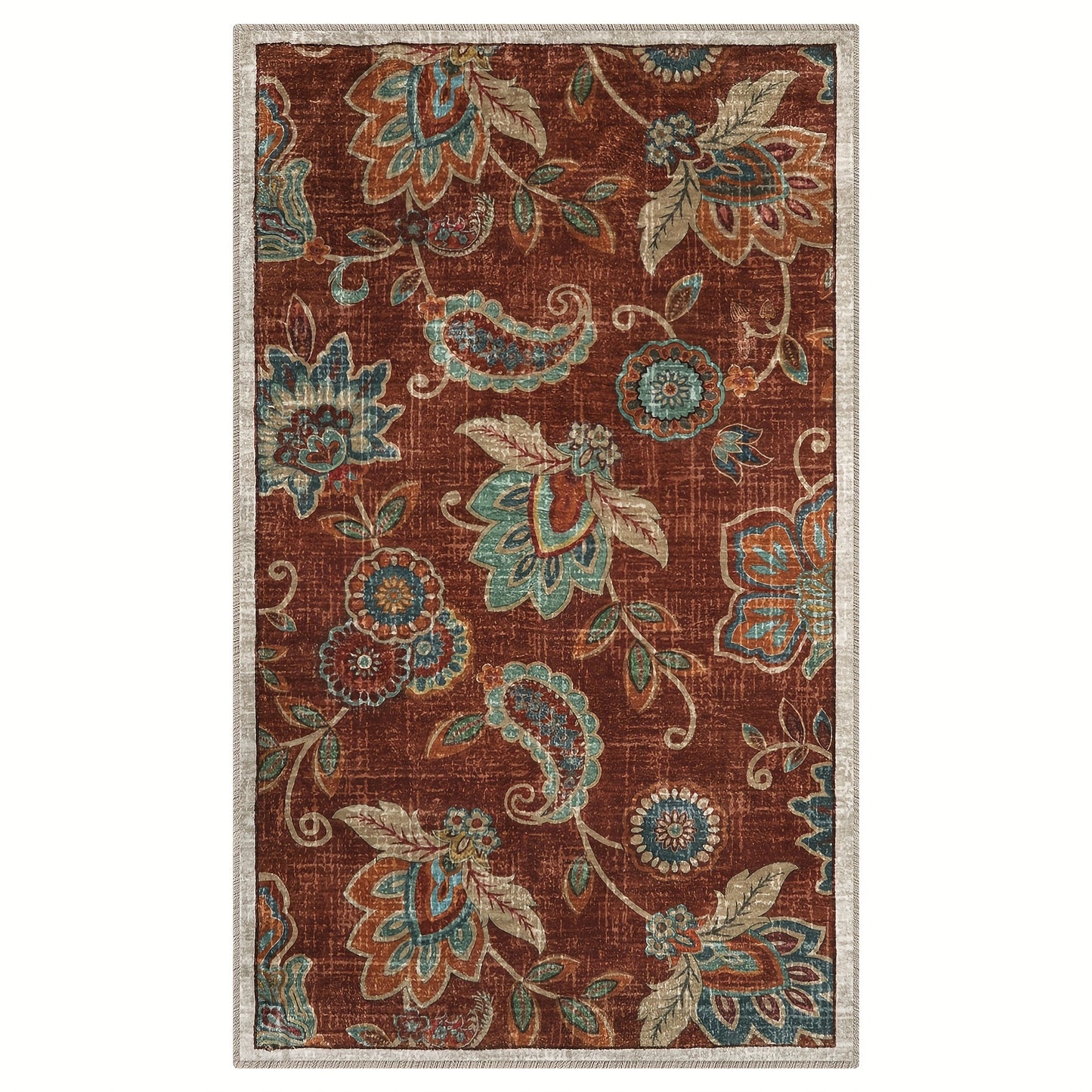Vintage Non Slip Throw Area Rug, Floral Washable Entryway Rugs Indoor, Soft Paisley Bedroom Rug Bath Mat, Distressed Floor Chair Carpet For Living Room Entrance Dorm RV, Red