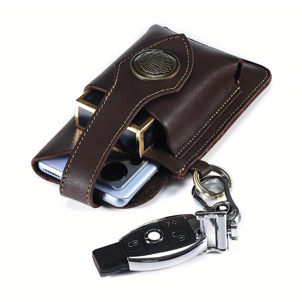 Men's Genuine Leather Mobile Phone Key Waist Bag Creative Vegetable Tanned Leather Waist Bag Men Wear Belt Tactical Waist Bag