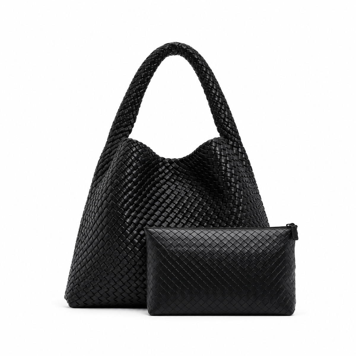 Black Woven Hobo Tote With Pouch