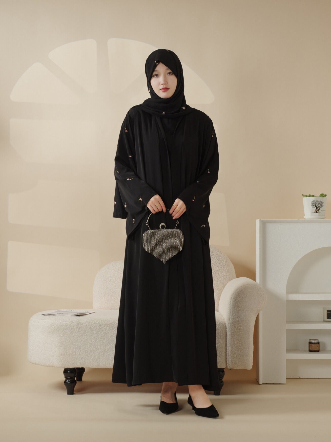 Tulip Embroidery Open Abaya 4pcs set: Includes open abaya, inner dress, matching belt, and hijab