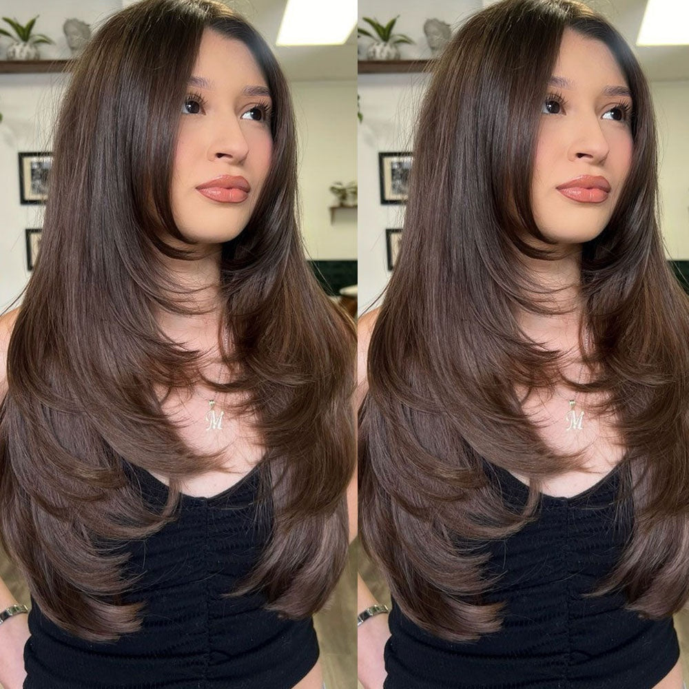 A 20-Inch, 13X4 Upgraded Nude Lace Wig Featuring a Brown Ombré Effect with Layered, Feathered Styles. This Limited Edition Remy Wig Offers a Balayage Look, Perfect for an Effortless Morning Routine And Achieving Bedhead Perf
