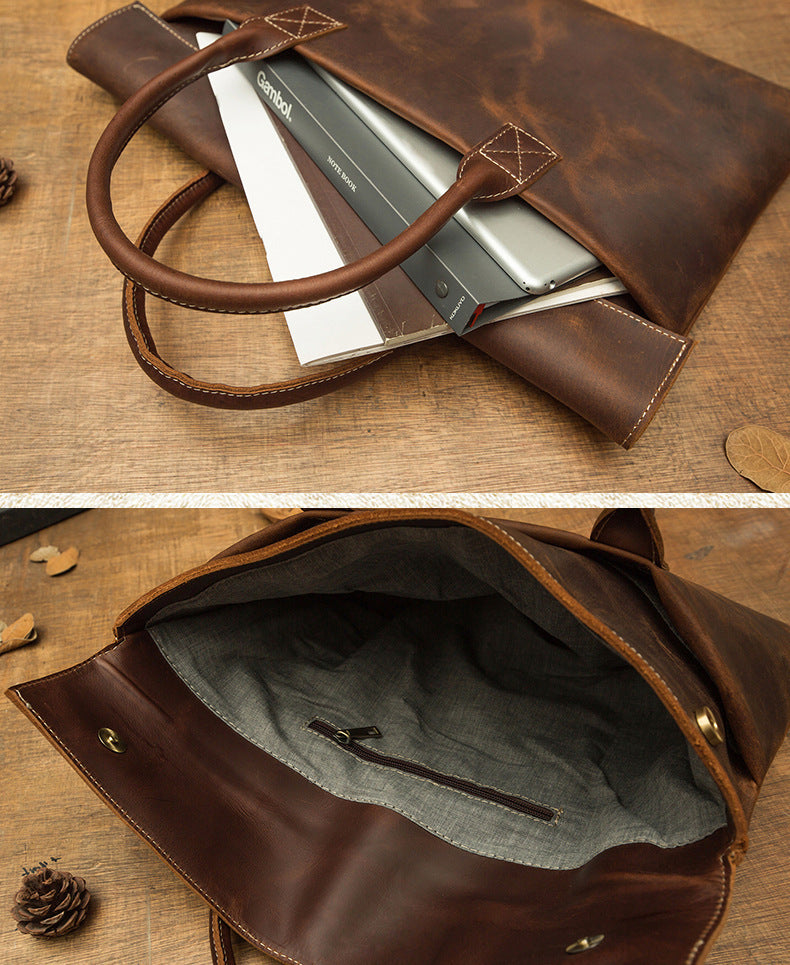 Lightweight Men's Genuine Leather Laptop Bag - Minimalist Business Casual Tote with Brown Accents, Durable Polyester Lining