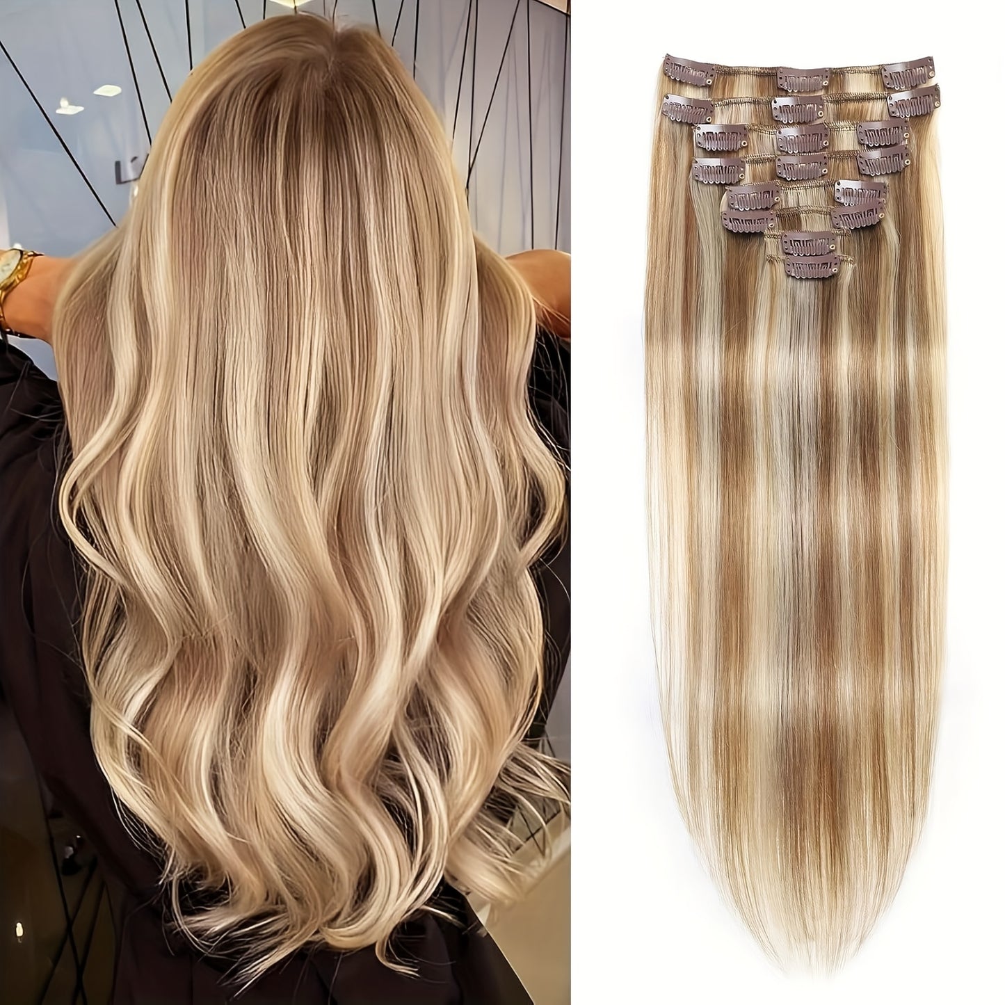 Clip In Hair Extensions Real Human Hair, Seamless Clip InsReal Human Hair for Women, Remy Human Hair Clip InExtensions, Double Weft 8pcs 14-24 Inch Light BlondeHighlighted Golden Blonde