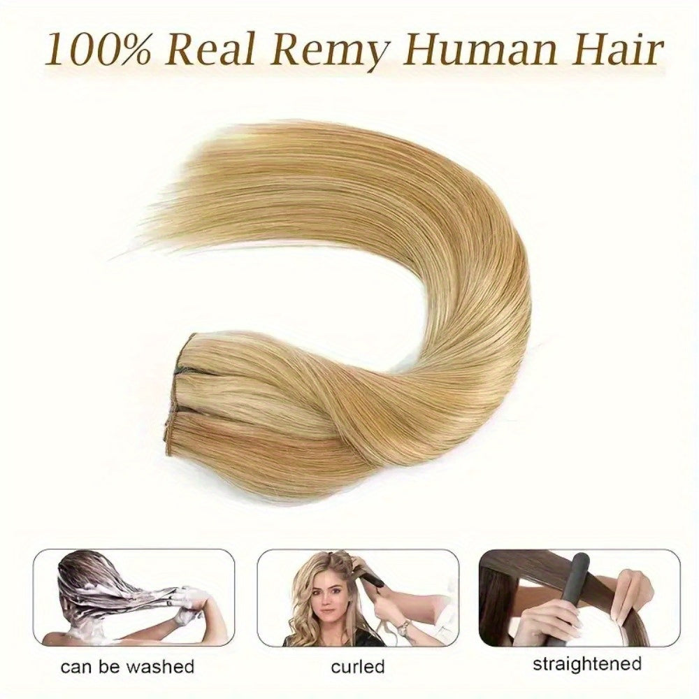 Set of 8pcs of Straight Human Hair Extensions with Double Weft, Featuring 18 Clips, Available in Lengths from 8 to 26 Inches, Color #12P613