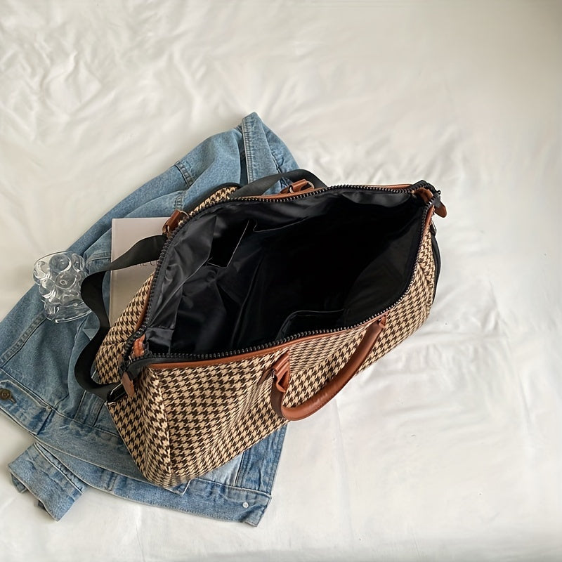 Large Capacity Houndstooth Pattern Sports Bag, Versatile Travel Duffel Luggage Handbag, Trendy Overnight Bag