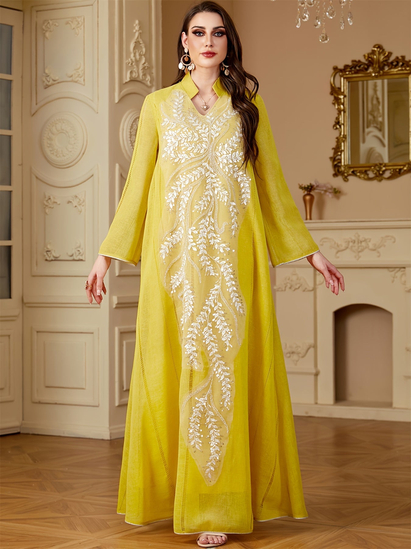 Ramadan Muslim Women's Fashion Beading Emirati Abaya Dubai Notched Stand Collar Dresses Mesh Sleeve Kebaya Casual Loose Clothing
