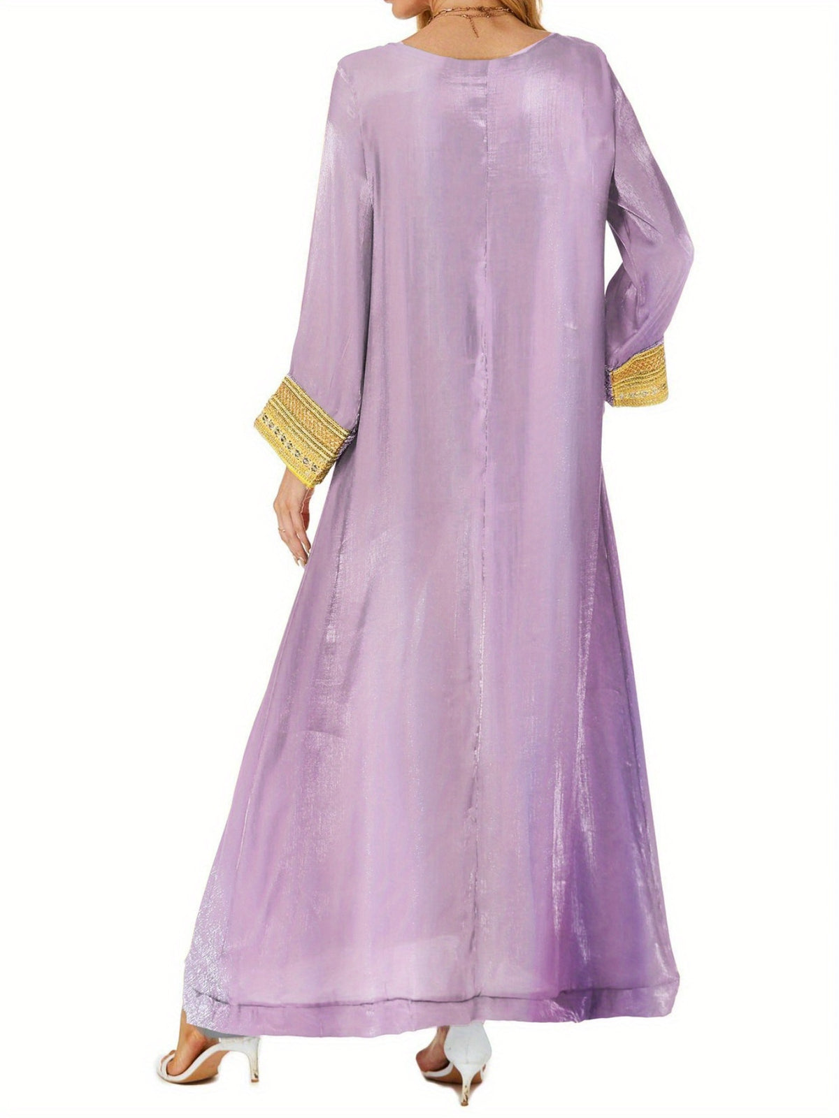 Elegant Women's Long Sleeve Baju Abaya Dress - Crew Neck, Patchwork Design, Loose Swing Fit, Solid Color, Perfect for Spring/Summer, Casual to Formal Wear, Casual Formal Dress