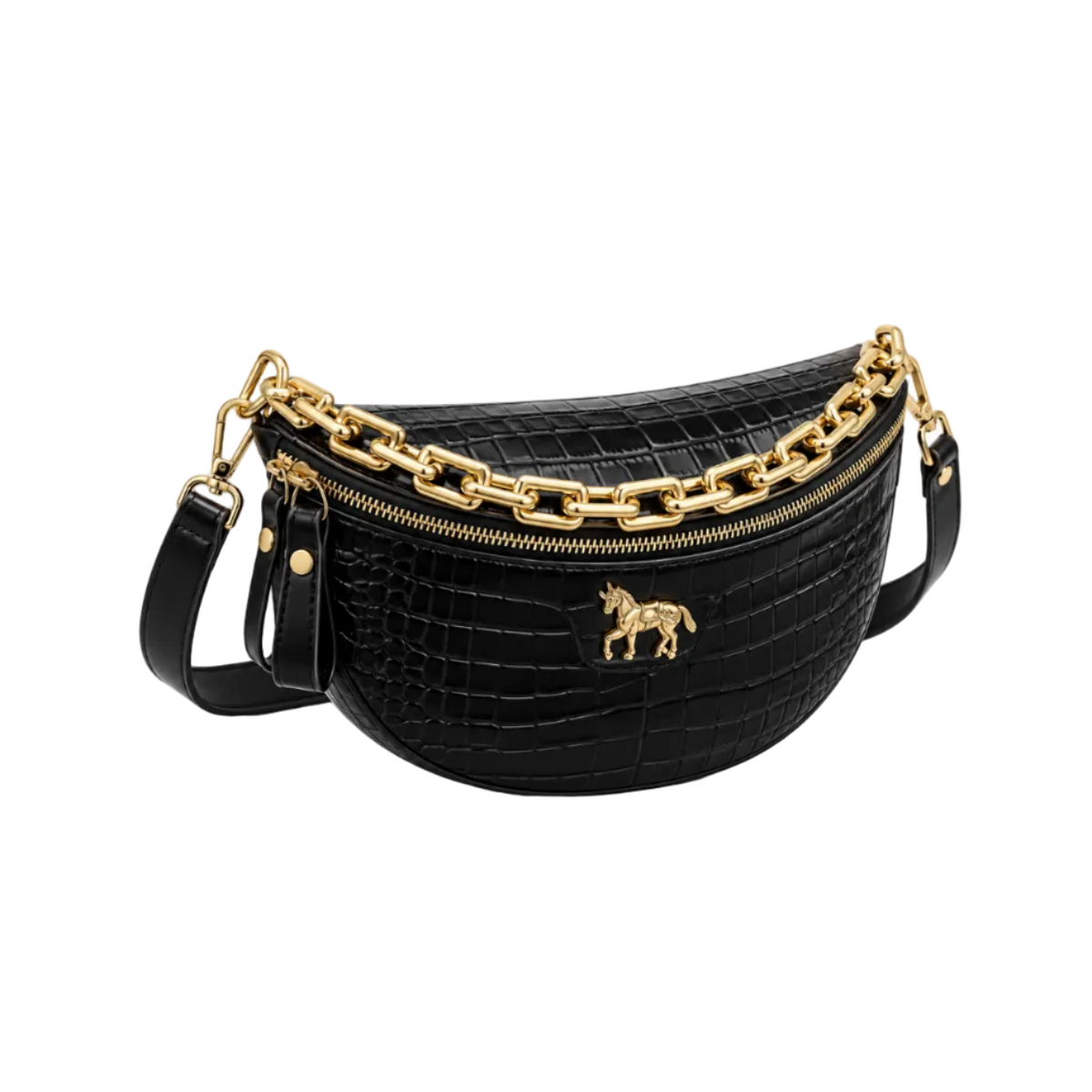 Black Crocodile Embossed Gold Chain Waistbag