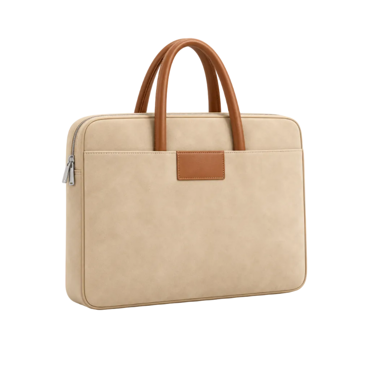 Beige Leather Laptop Bag With Handles