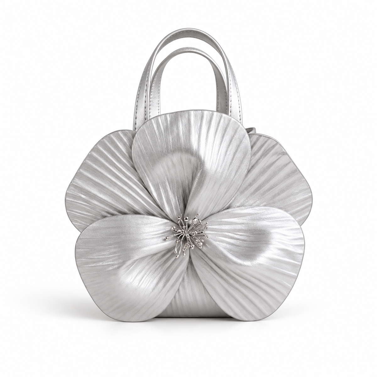 Silver Metallic Flower Sculpted Handle Clutch