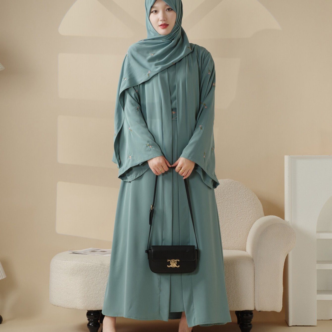 Tulip Embroidery Open Abaya 4pcs set: Includes open abaya, inner dress, matching belt, and hijab