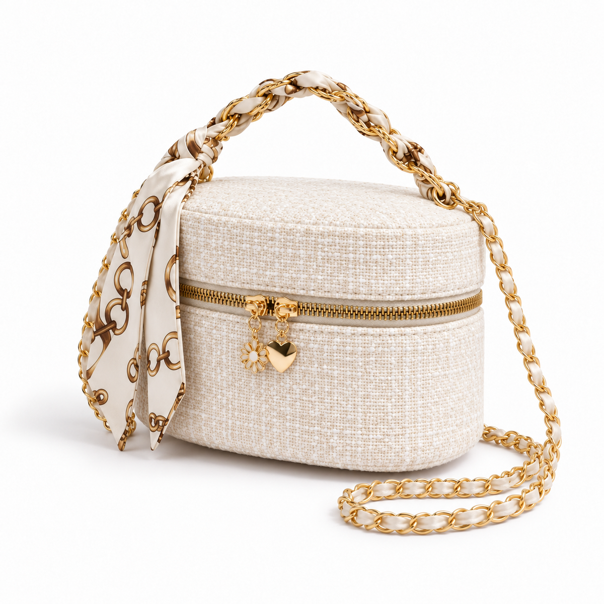 Ivory Textured Crossbody Bag With Scarf