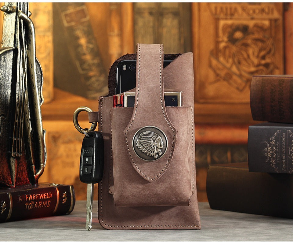 Men's Genuine Leather Mobile Phone Key Waist Bag Creative Vegetable Tanned Leather Waist Bag Men Wear Belt Tactical Waist Bag