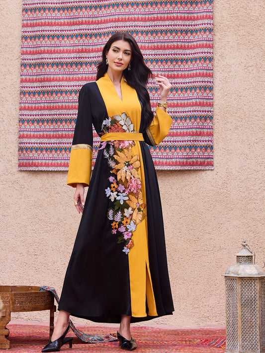 Hot Selling Black Spliced Fashion Beaded Turkish Arab Elegant Holiday Abaya Dress
