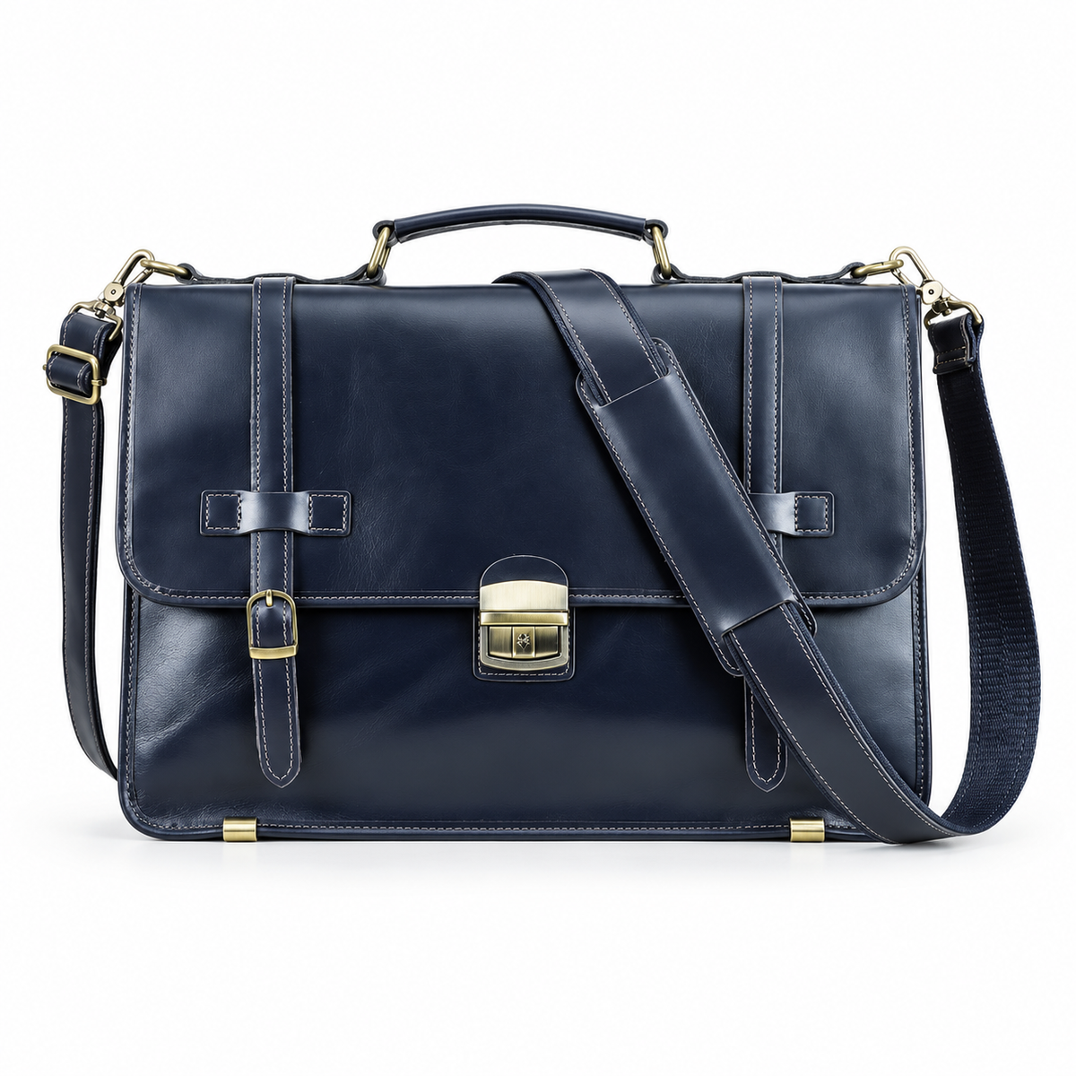 Classic Navy Leather Briefcase Shoulder Bag