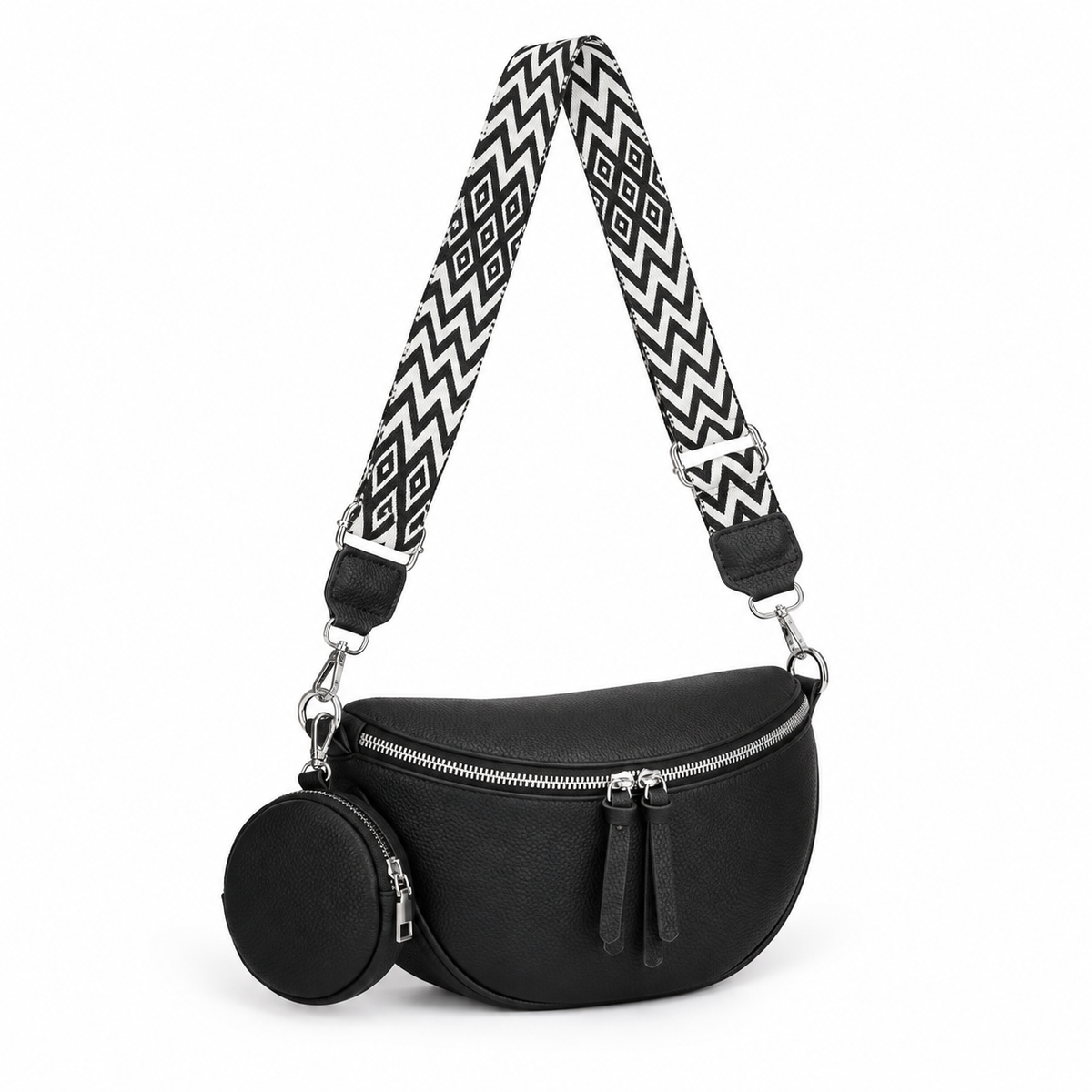 Black Sling Bag With Geometric Strap