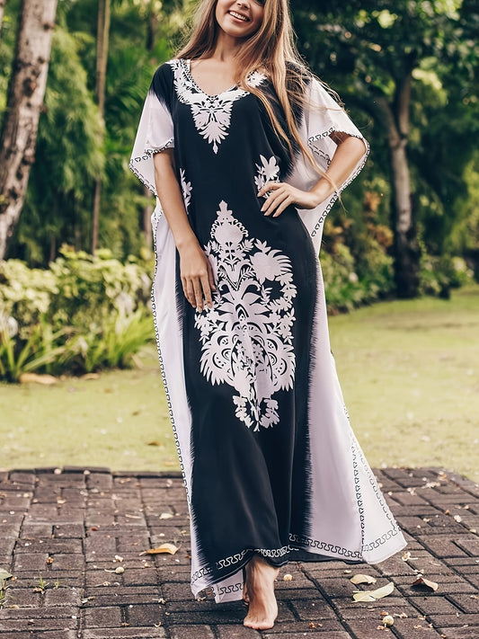 Women's Summer Floral Print Swimsuit Cover Up, Casual V-Neck Half Sleeve Midi Kaftan Beach Dress, Polyester Spandex Blend, Loose Fit with Side Split