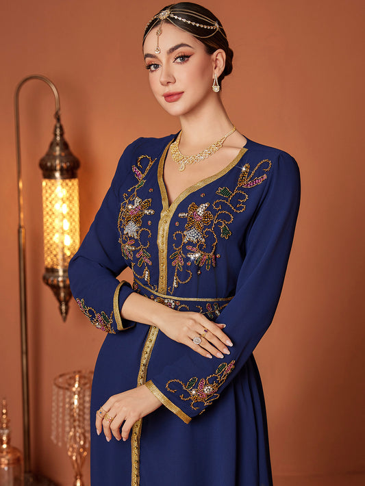 Elegant Navy Blue Embroidered Abaya Dress with Golden Accents and Belt - Long Sleeve, V-Neck, Polyester, Perfect for Spring/Summer, Women's Fashion, Elegant Event Attire|Vneck Dress|Polyester Fabric