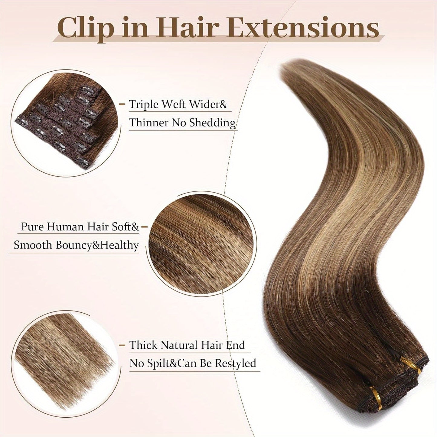Human Hair Clip-In Extensions in Medium Brown to Caramel Blonde, Featuring Natural Straight Strands. This Set Includes 8pcs with Color 4/27, Designed for Women. These Weft Extensions Are Suitable for Everyday Use And Come in