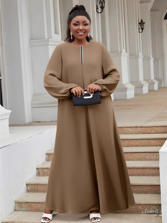 Plus Size Women's Elegant Casual Loose Swing Arabic Abaya - Long Sleeve Round Neck Solid Color with Frill Detail, Trapeze Hem, No Belt, All-Season Versatile for Casual Outings