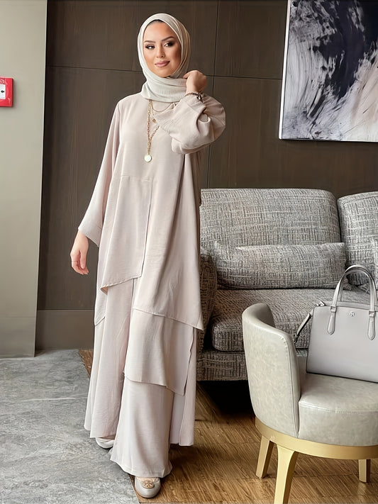 Ramadan Elegant Solid Color Muslim Two-Piece Set,Jilbaab Abaya Top and Straight-Leg Pants, Casual Women's Outfit (Headscarf Not Included)